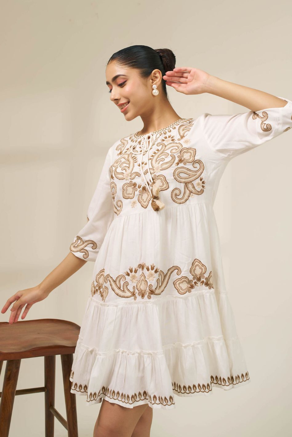 Meher White Embroidered Tiered Summer Dress