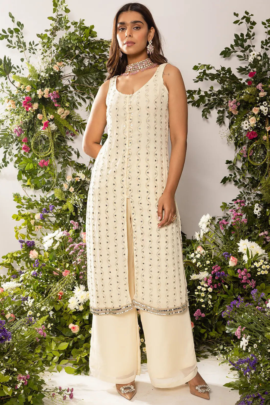 Astoria Ivory Mirror Work Front Slit Kurta