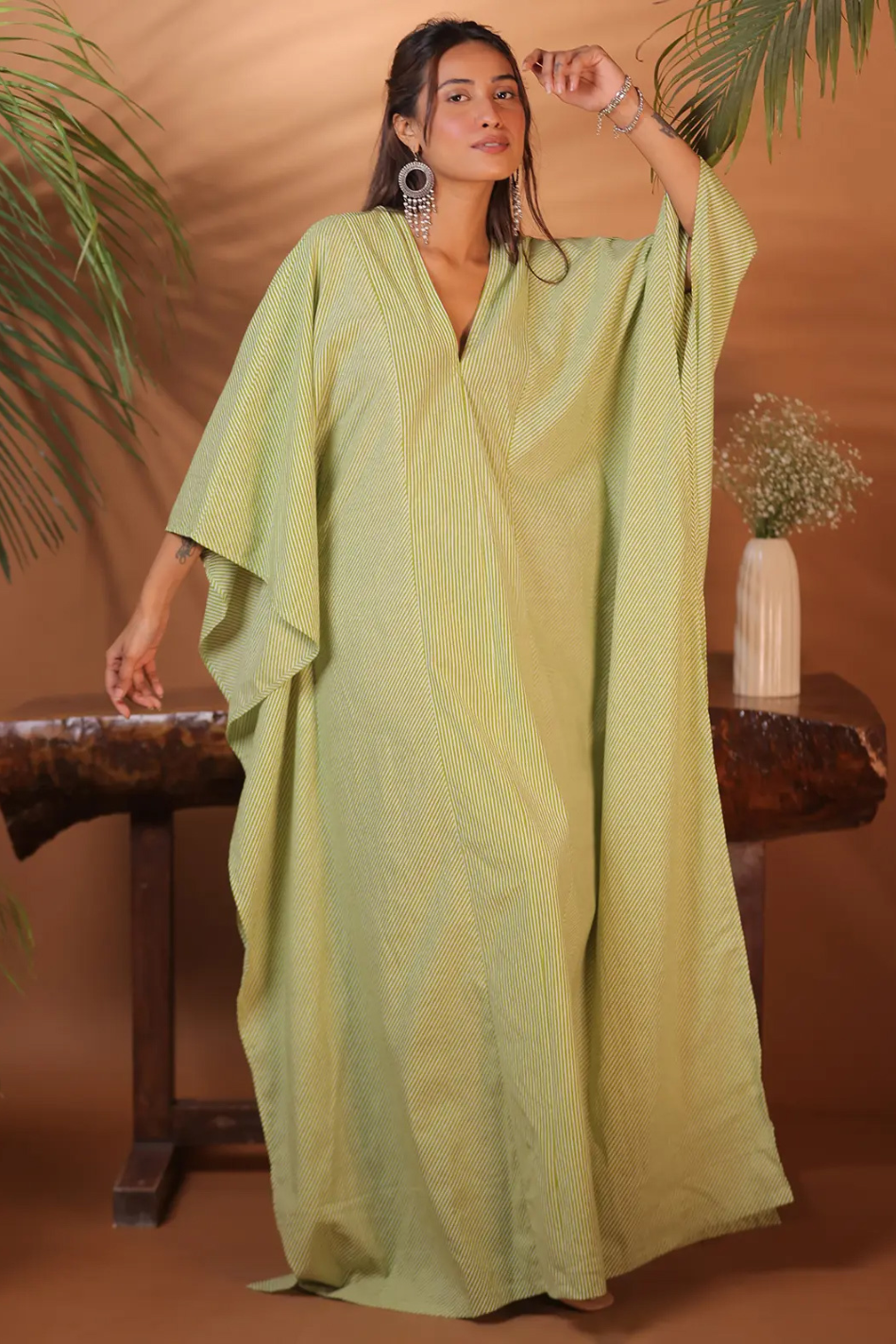 Green Striped Cotton Kaftan