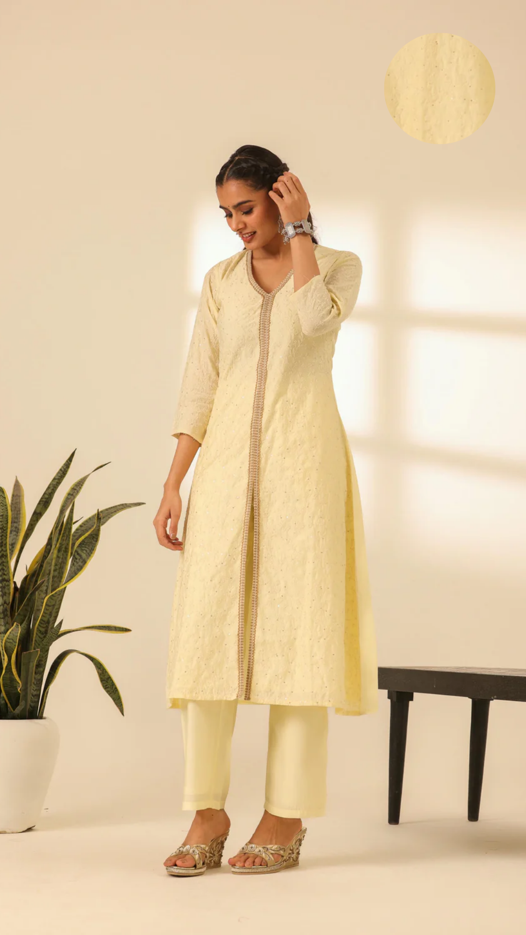 Rangrez Butter Yellow A Line Embroidered Kurta Set