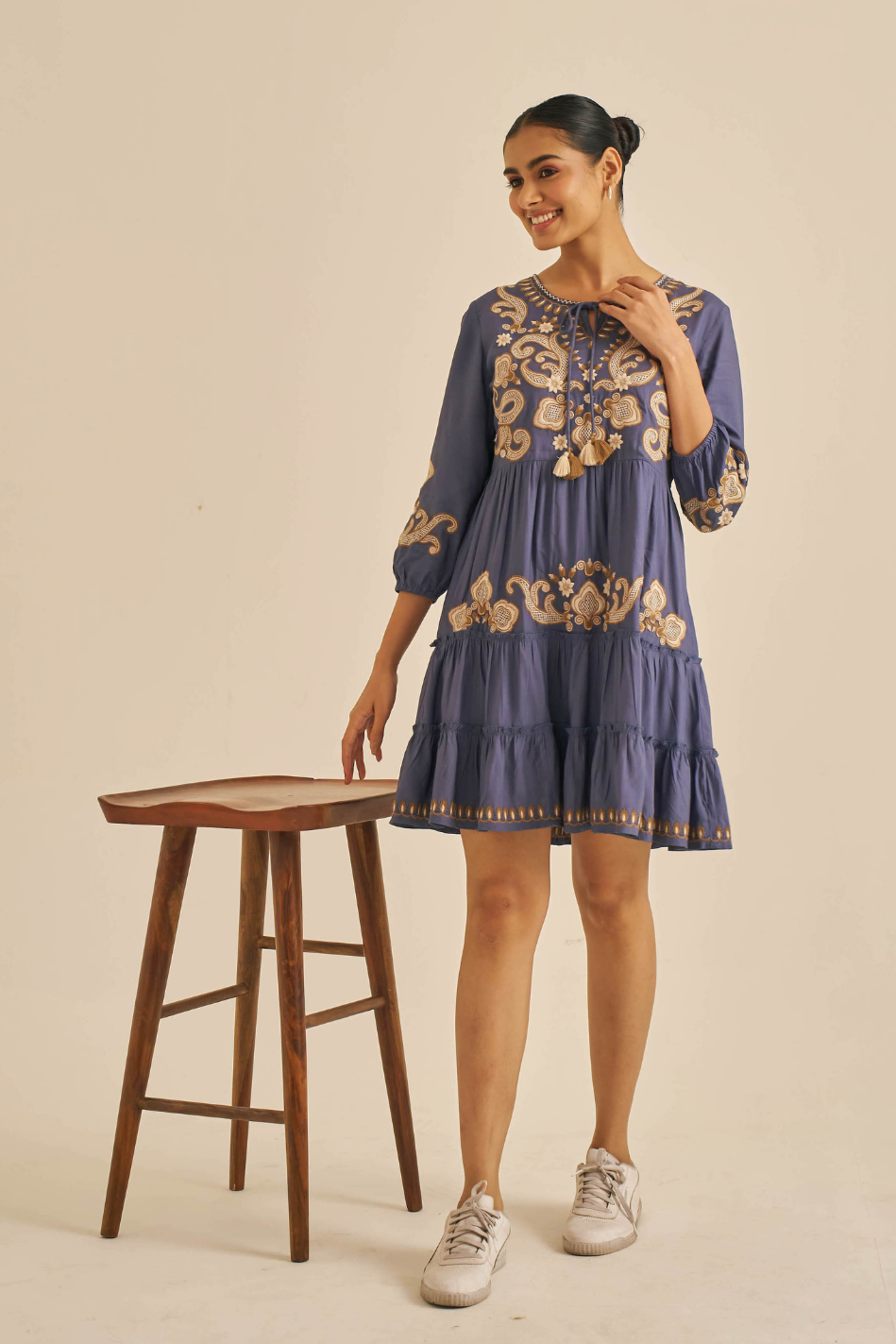 Meher Navy Embroidered Tiered Summer Dress