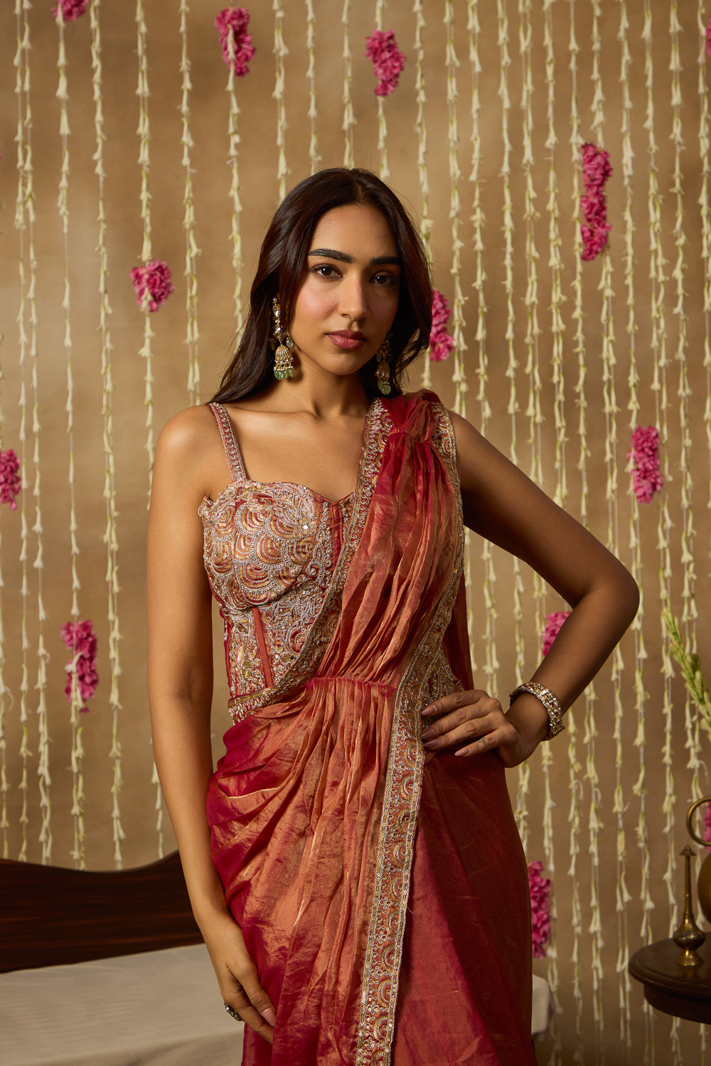 Jhoom Rust Embroidered Saree Set