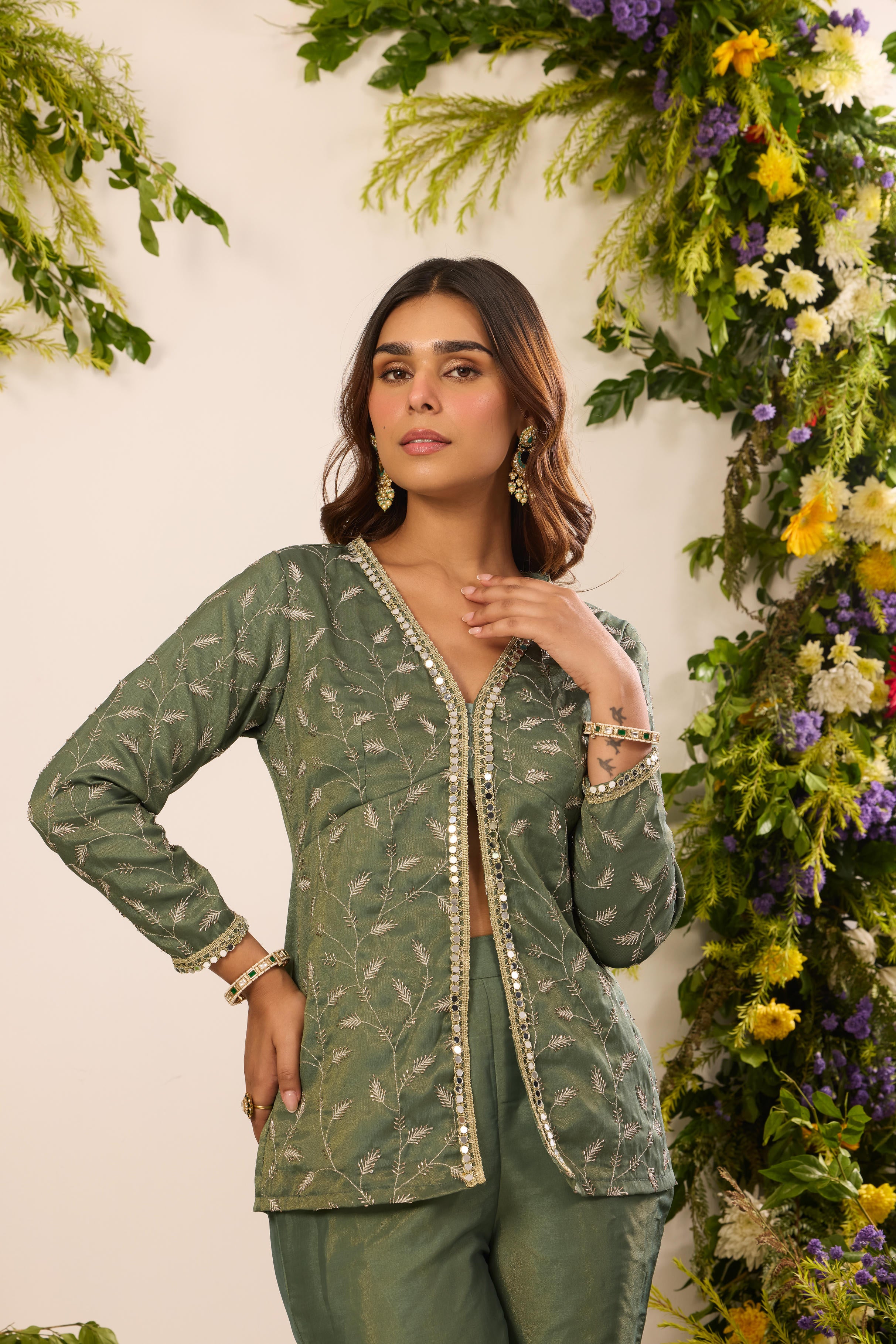 Mastaani Fern Green Front Slit Kurta Set