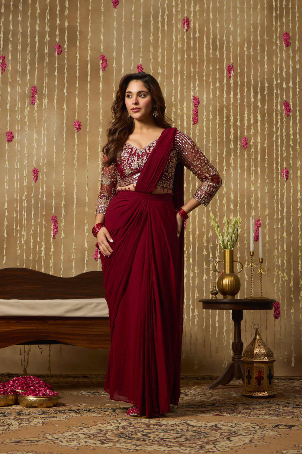 Jhoom Maroon Embellished Saree Set
