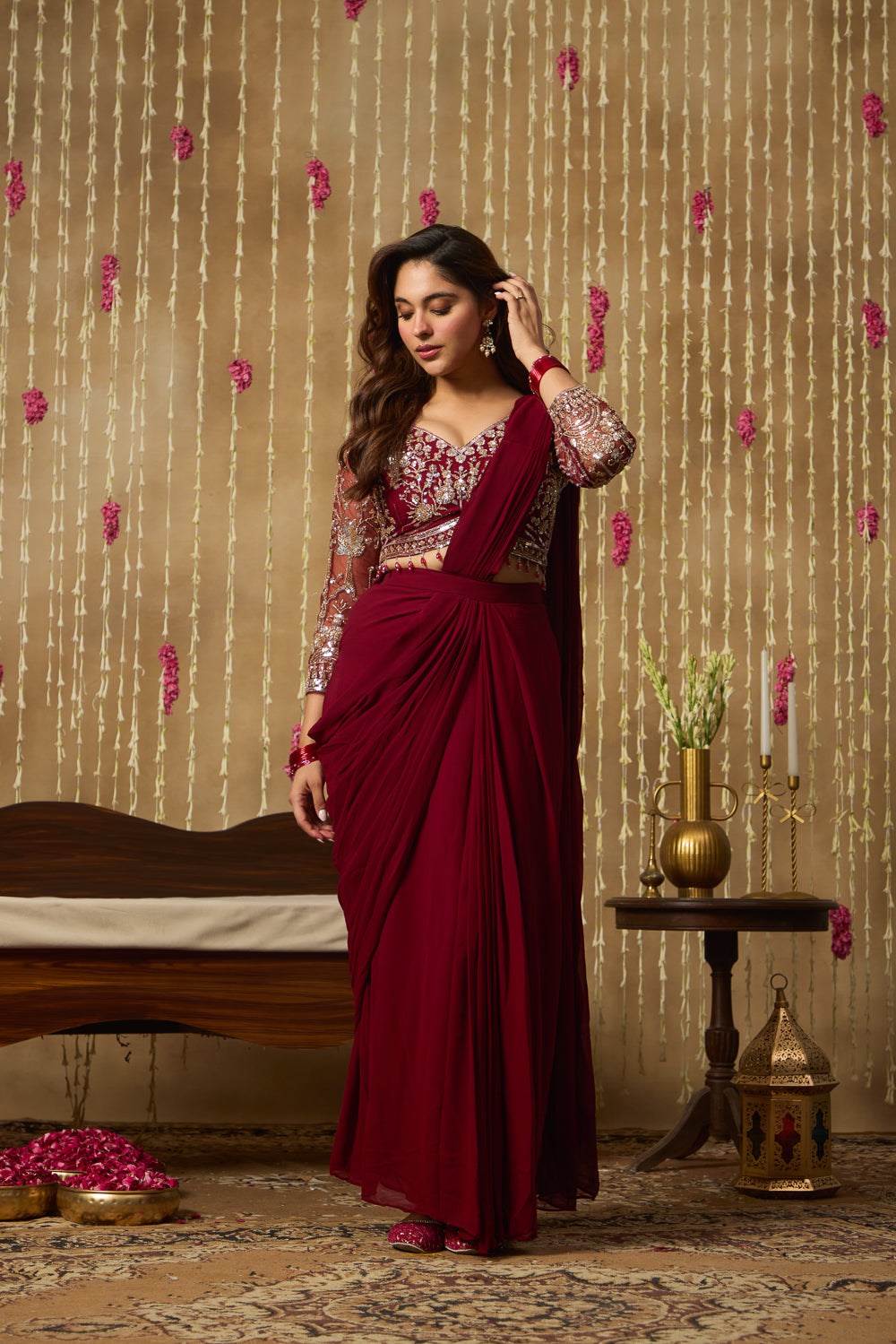 Jhoom Maroon Embellished Saree Set