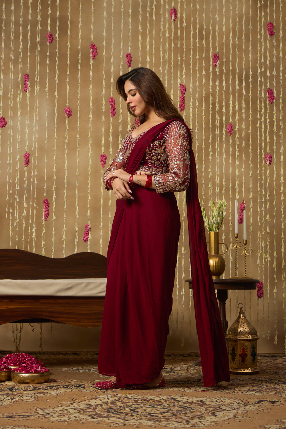 Jhoom Maroon Embellished Saree Set