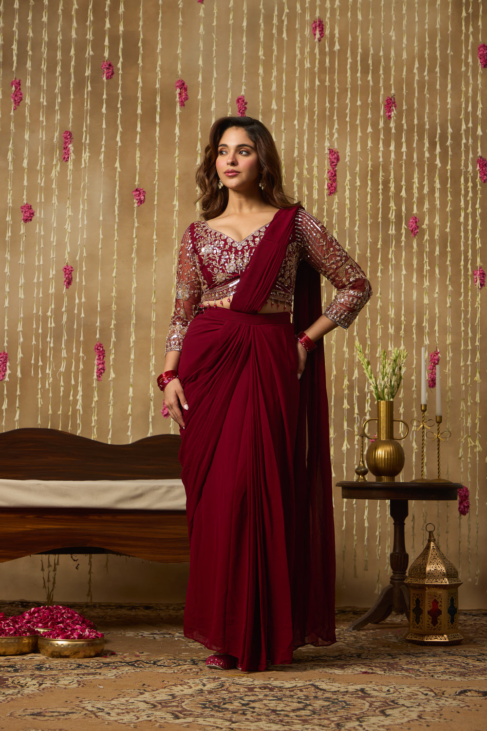 Jhoom Maroon Embellished Saree Set