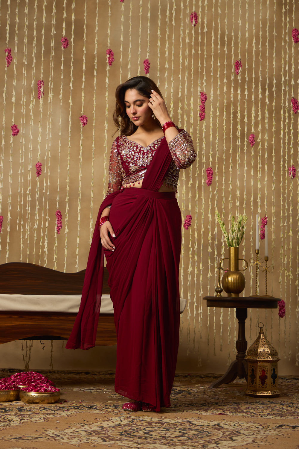 Jhoom Maroon Embellished Saree Set