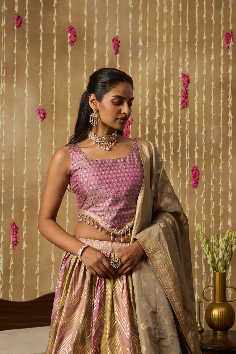Jhoom Mauve Banarasi Lehenga Set