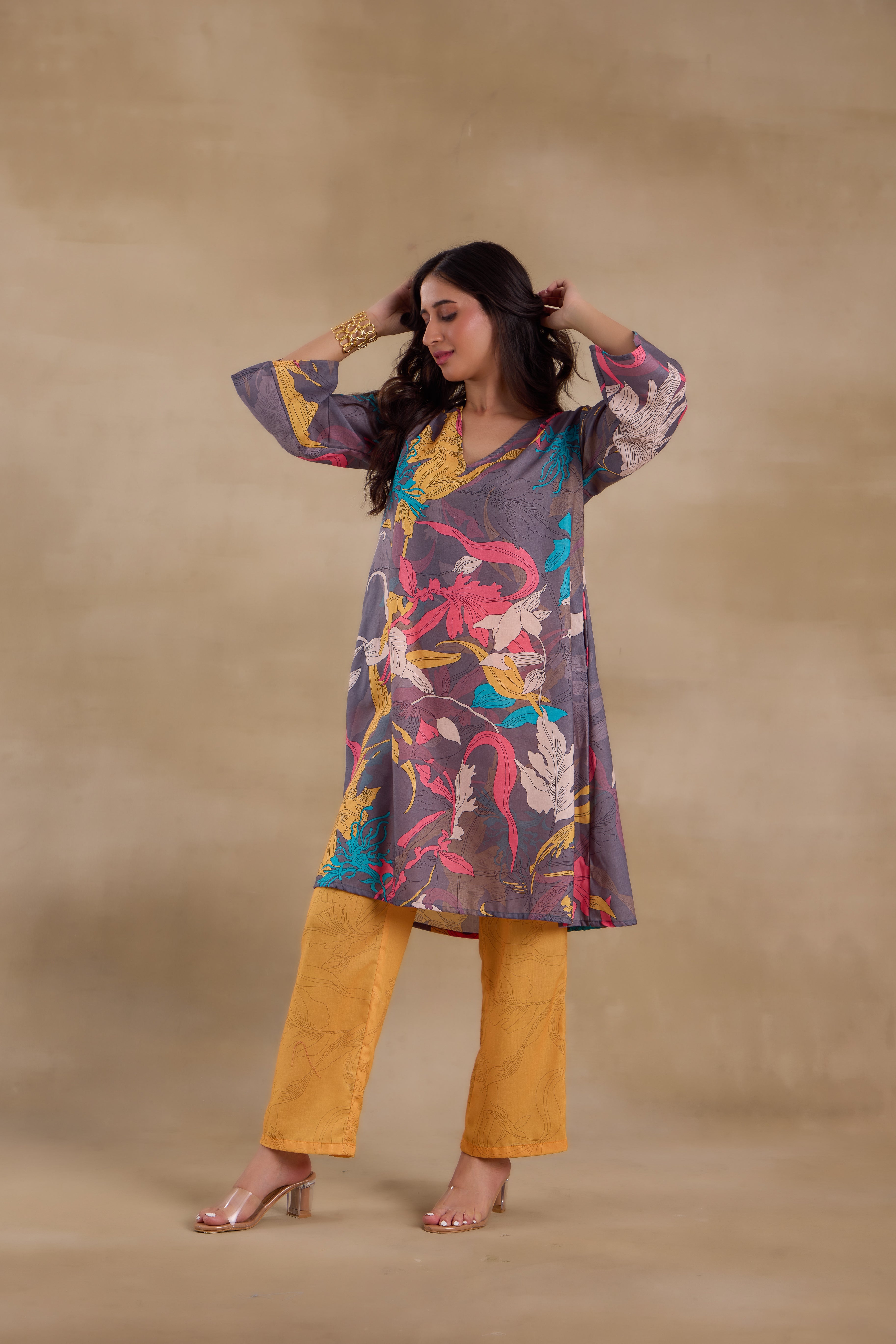 Alaya Pure Cotton Yellow Abstract Floral Kurta Set