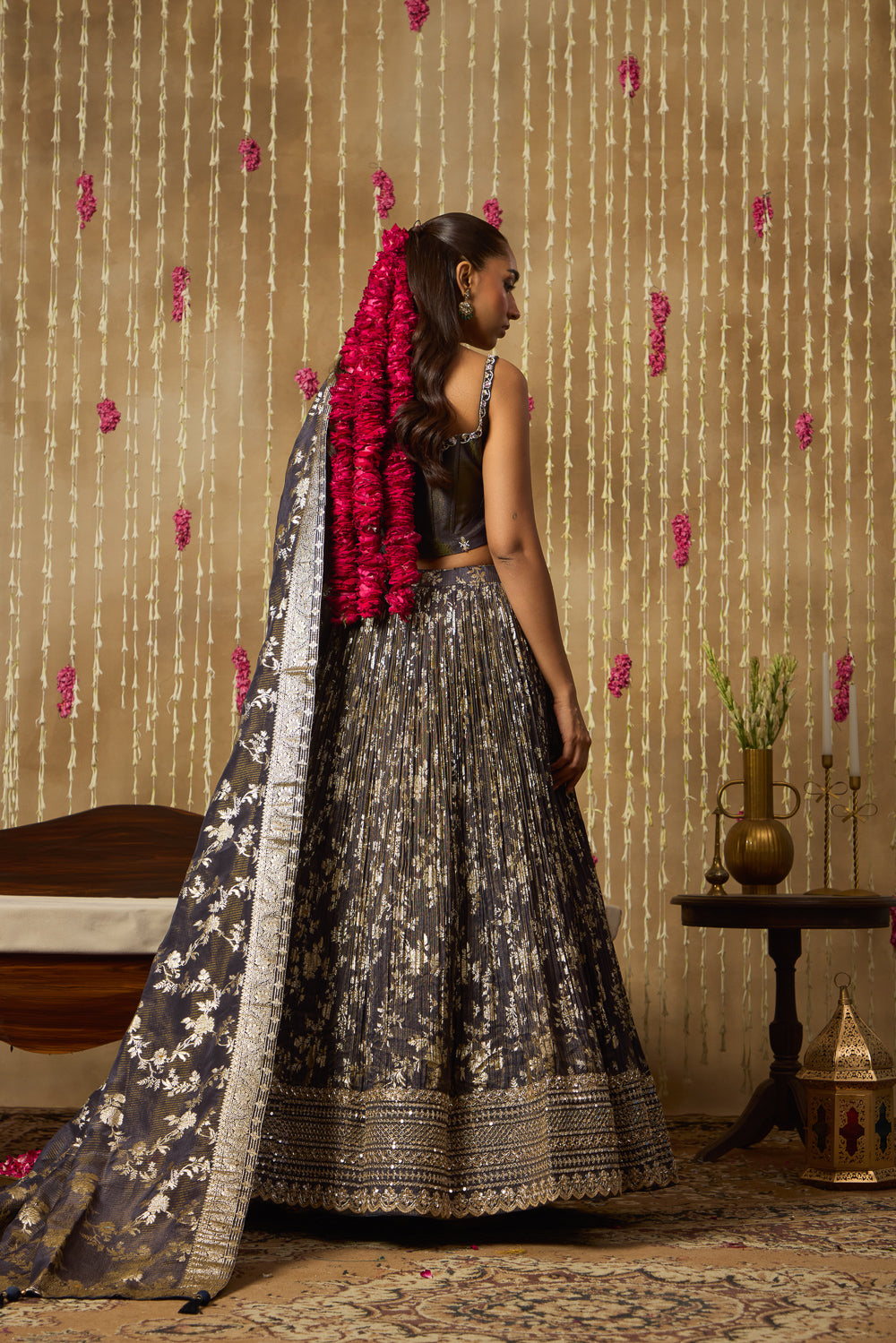 Jhoom Charcoal Banarasi Corset Lehenga Set