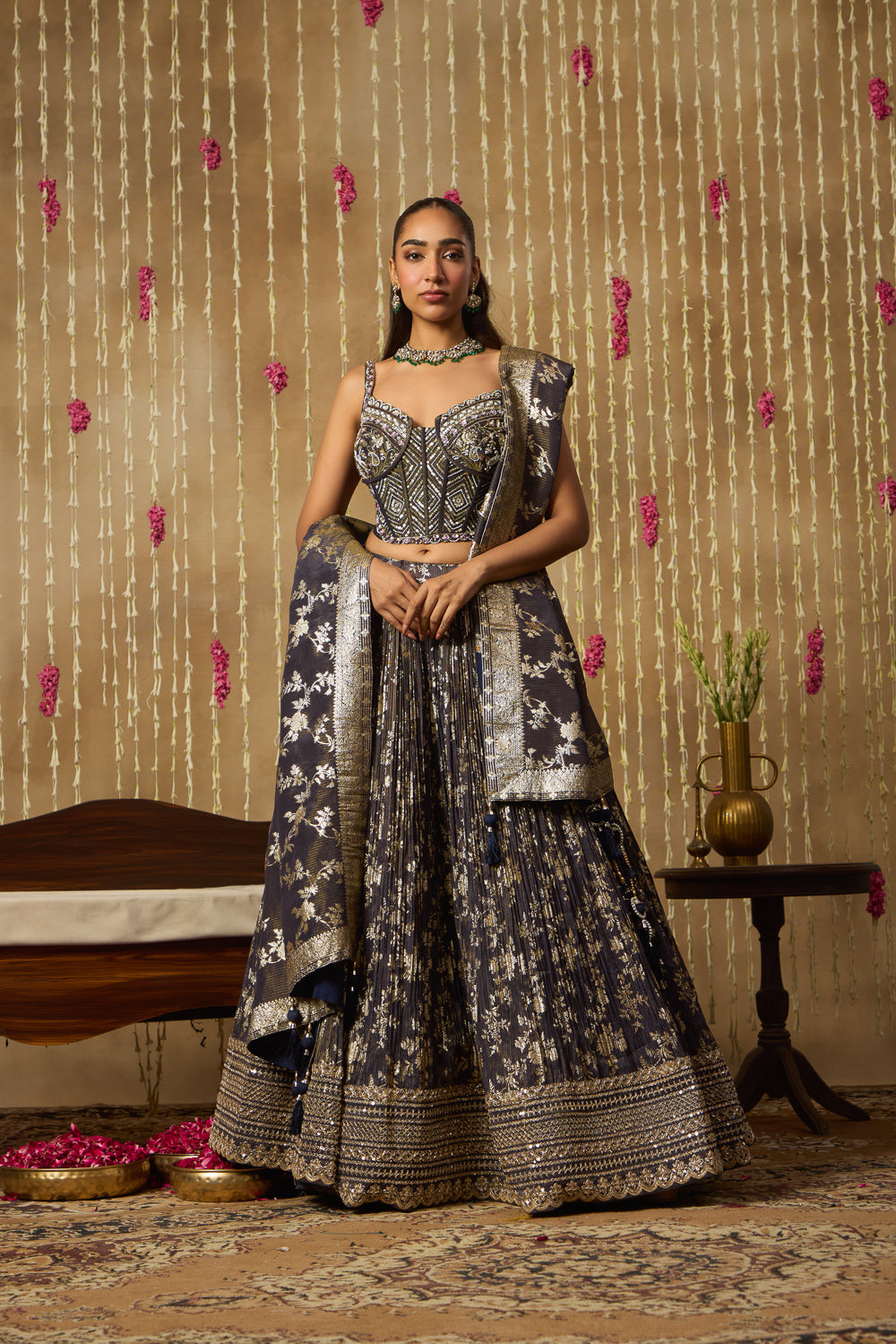 Jhoom Charcoal Banarasi Corset Lehenga Set