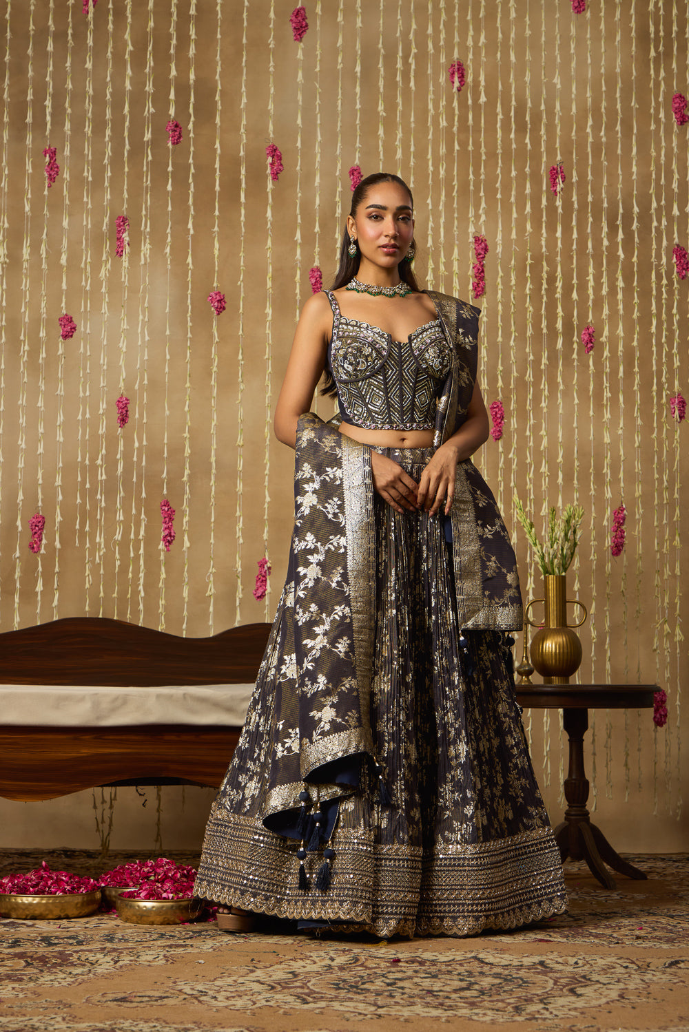 Jhoom Charcoal Banarasi Corset Lehenga Set