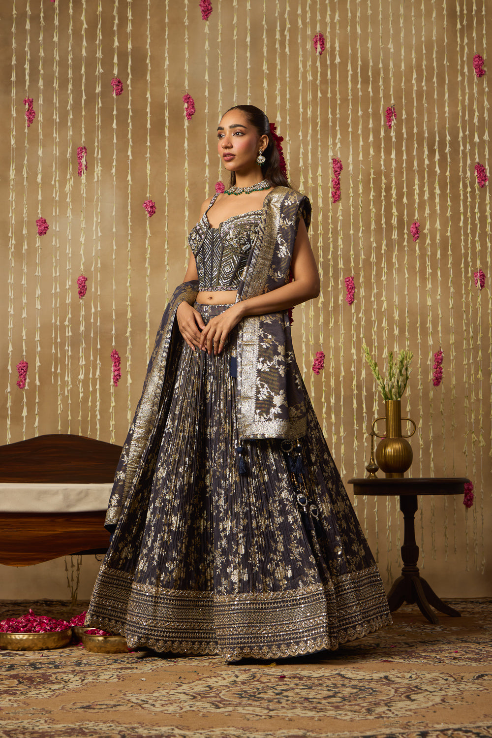 Jhoom Charcoal Banarasi Corset Lehenga Set
