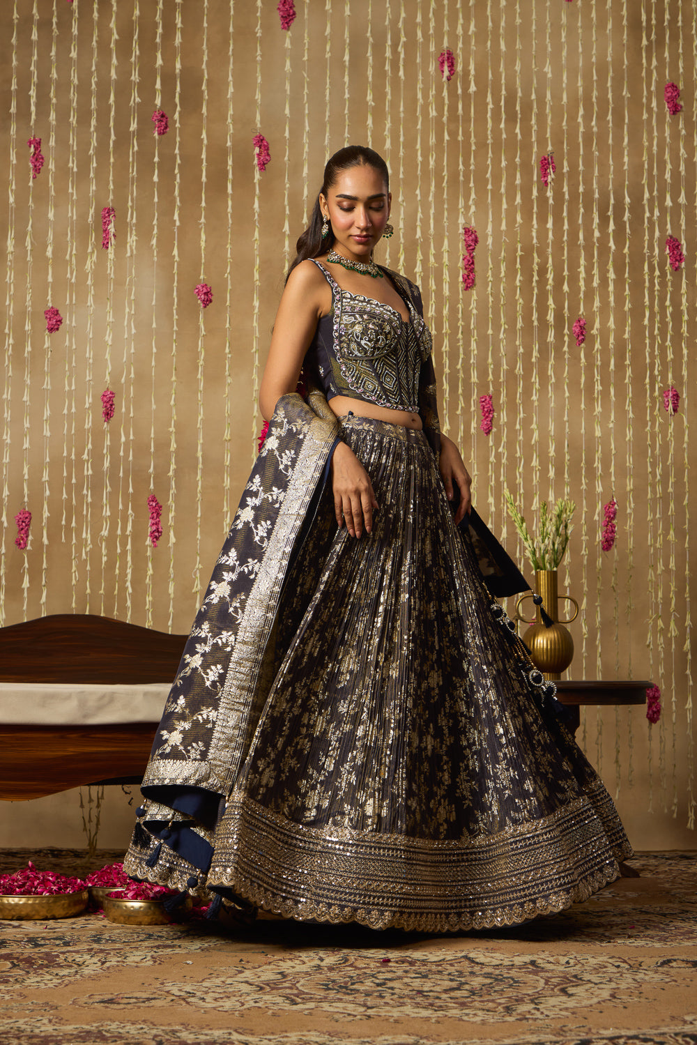 Jhoom Charcoal Banarasi Corset Lehenga Set