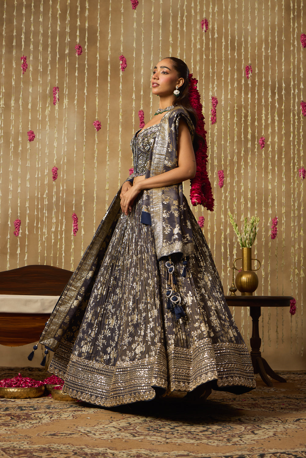 Jhoom Charcoal Banarasi Corset Lehenga Set