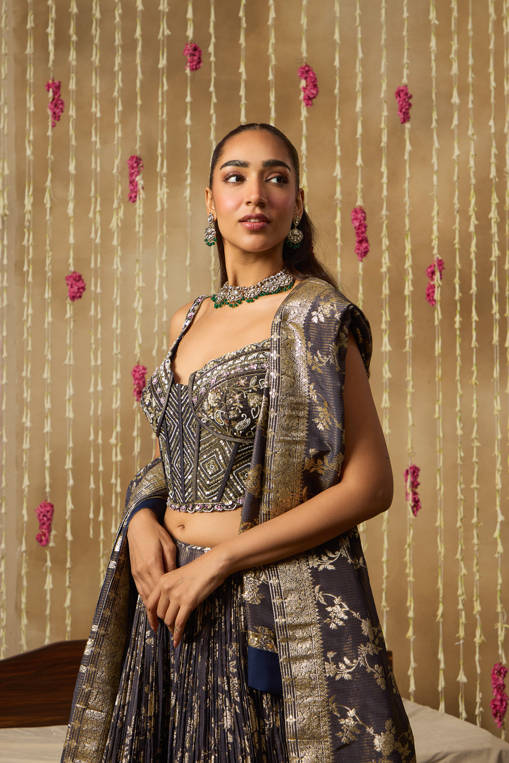 Jhoom Charcoal Banarasi Corset Lehenga Set