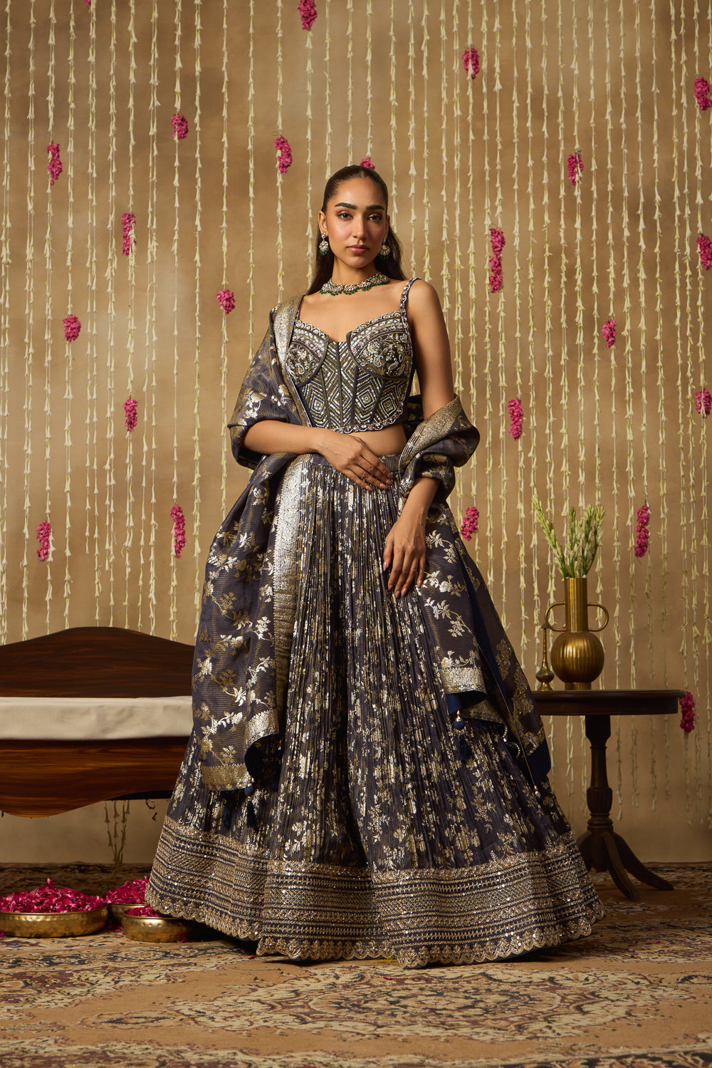 Jhoom Charcoal Banarasi Corset Lehenga Set