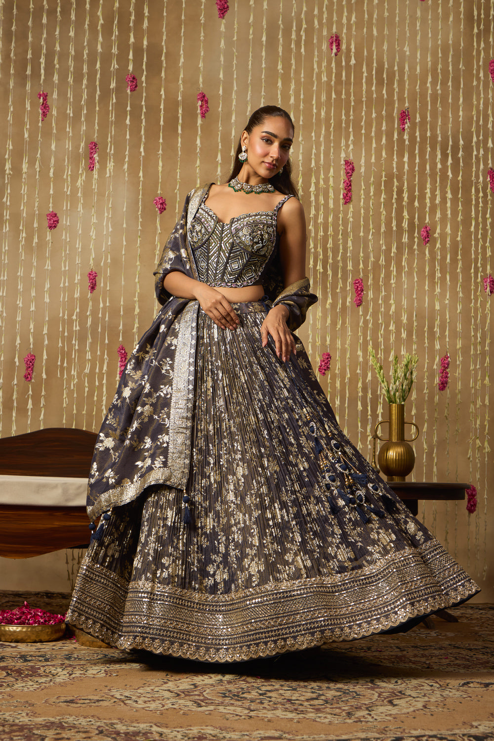 Jhoom Charcoal Banarasi Corset Lehenga Set
