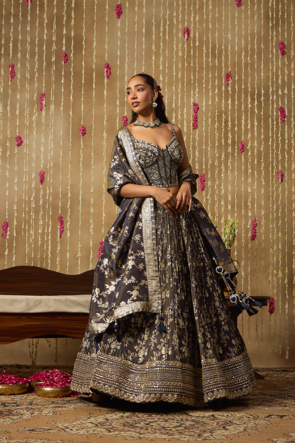 Jhoom Charcoal Banarasi Corset Lehenga Set
