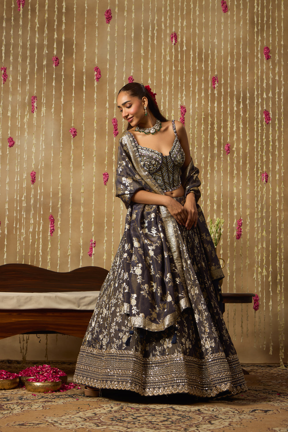 Jhoom Charcoal Banarasi Corset Lehenga Set