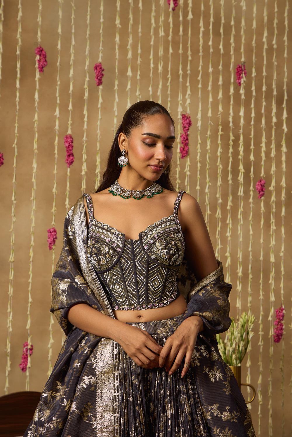Jhoom Charcoal Banarasi Corset Lehenga Set