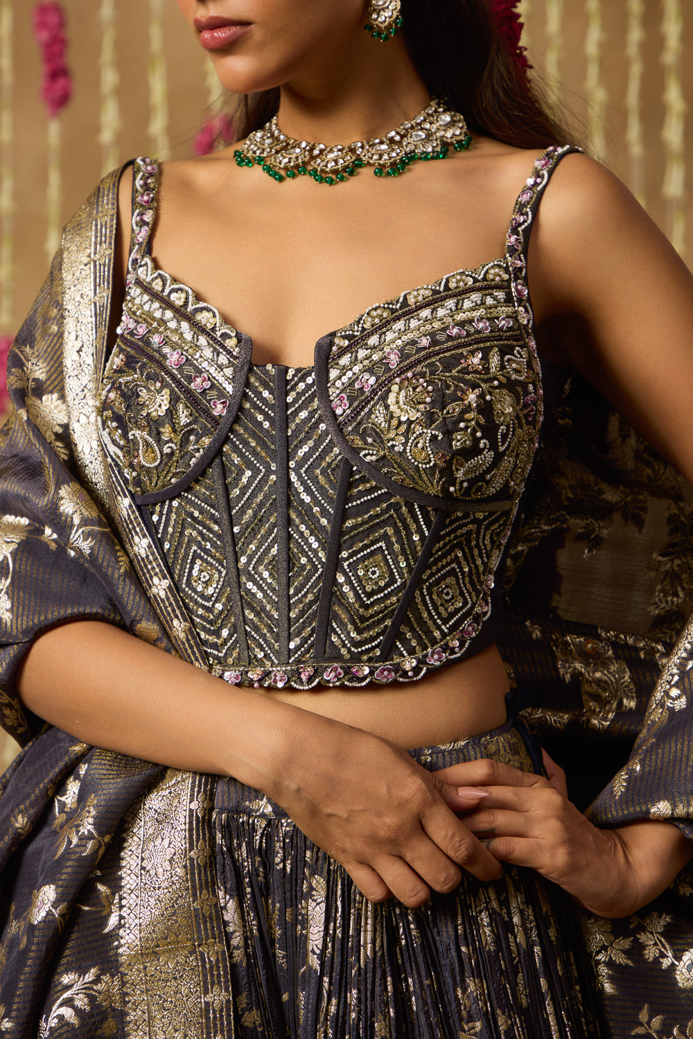Jhoom Charcoal Banarasi Corset Lehenga Set