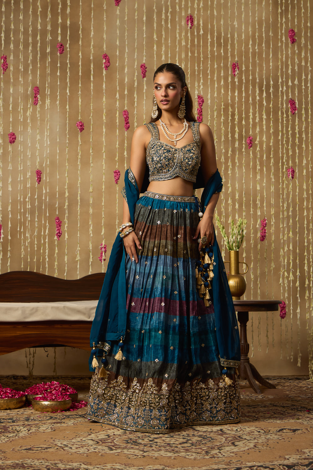 Jhoom Teal Multitone Embroidered Lehenga Set
