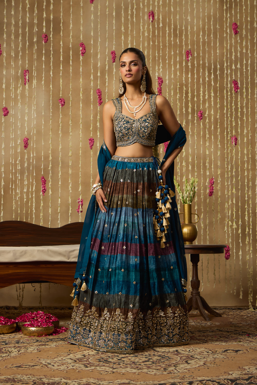 Jhoom Teal Multitone Embroidered Lehenga Set