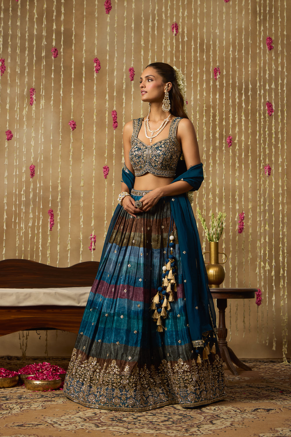 Jhoom Teal Multitone Embroidered Lehenga Set