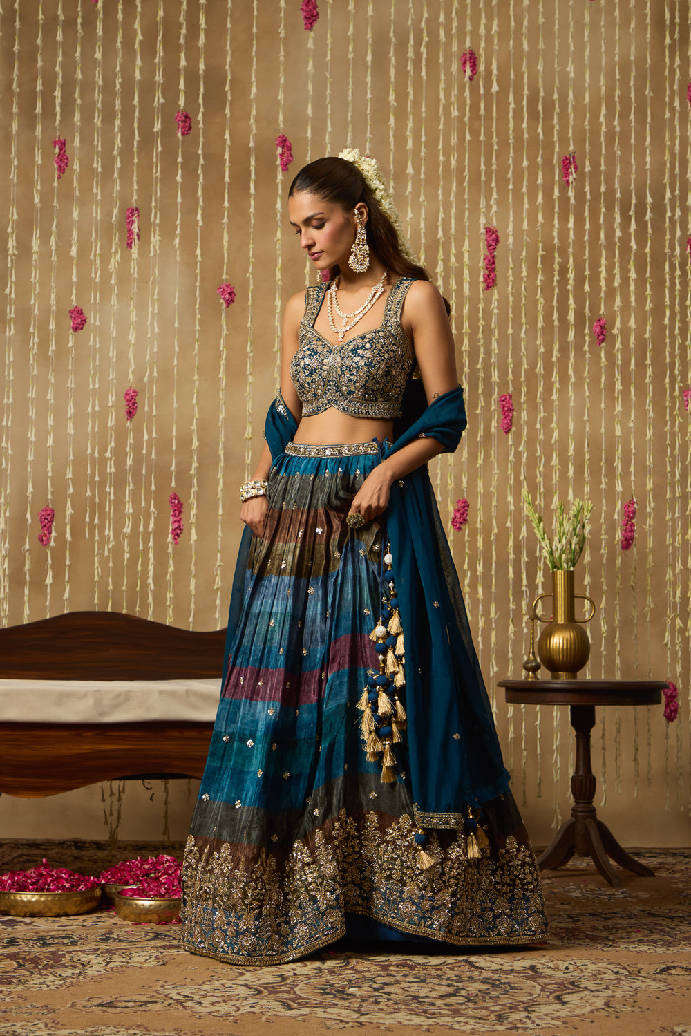 Jhoom Teal Multitone Embroidered Lehenga Set