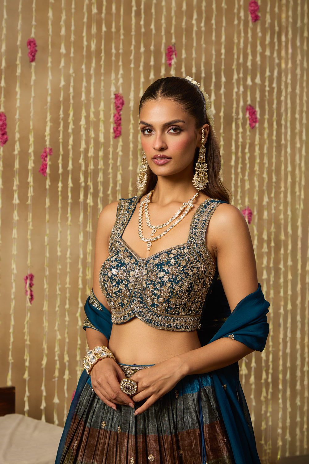 Jhoom Teal Multitone Embroidered Lehenga Set
