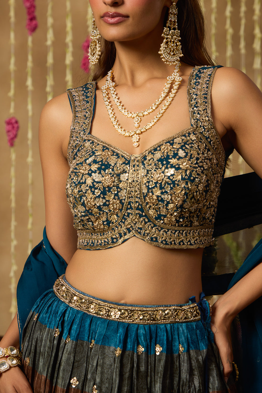 Jhoom Teal Multitone Embroidered Lehenga Set