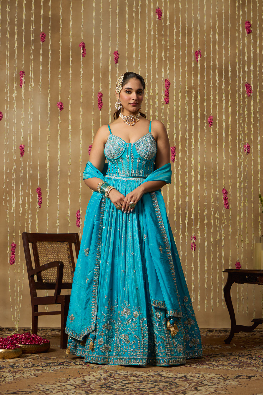 Jhoom Turquoise Bloom Embroidered Lehenga Set