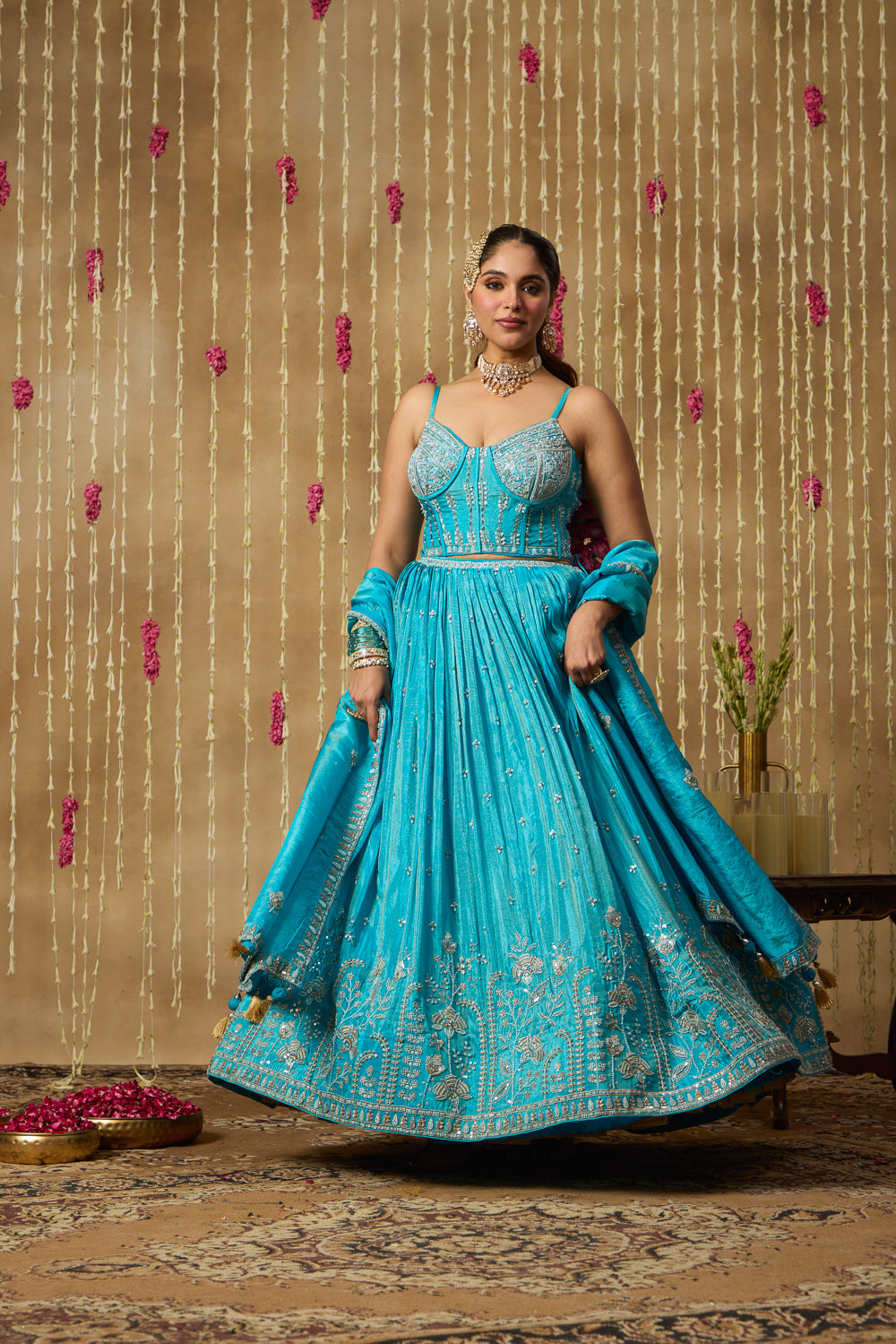 Jhoom Turquoise Bloom Embroidered Lehenga Set