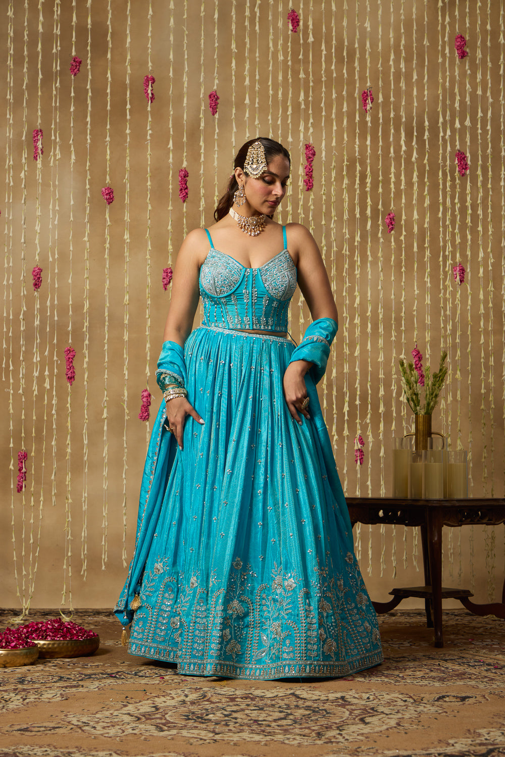 Jhoom Turquoise Bloom Embroidered Lehenga Set