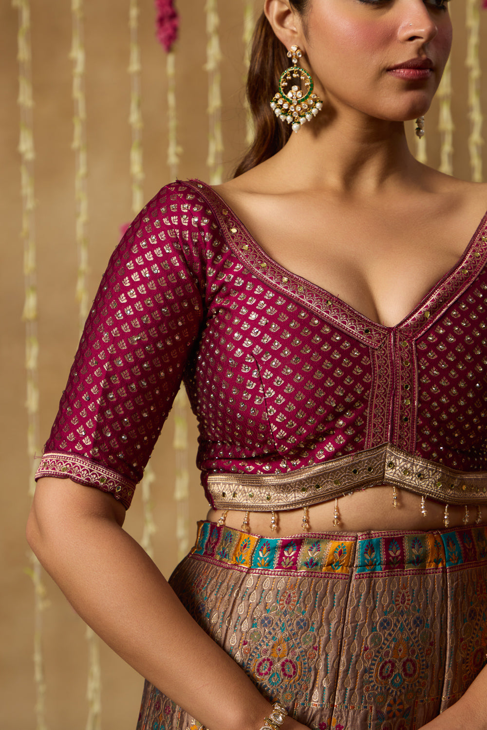 Jhoom Wine Banarasi Brocade Lehenga Set