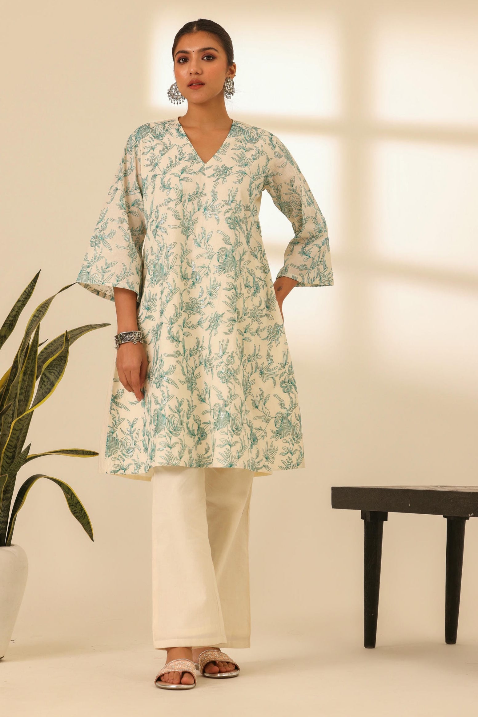 Rangrez Mint Glow A Line Embroidered Kurta