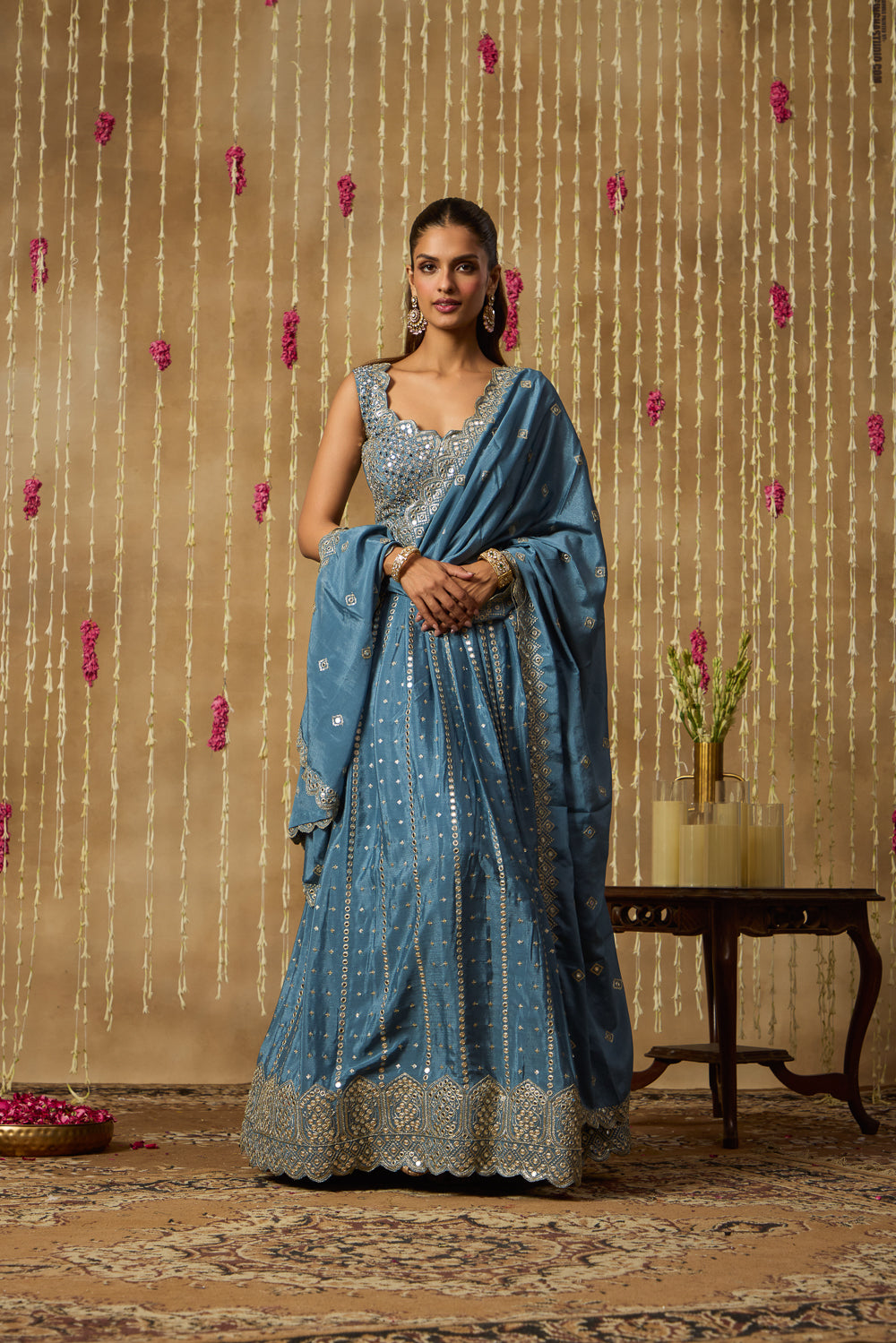 Jhoom Steel Blue Mirror Lehenga Set