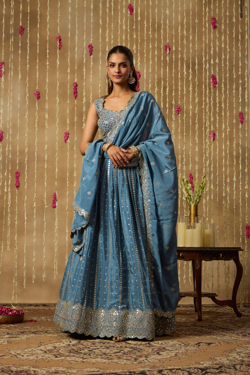 Jhoom Steel Blue Mirror Lehenga Set