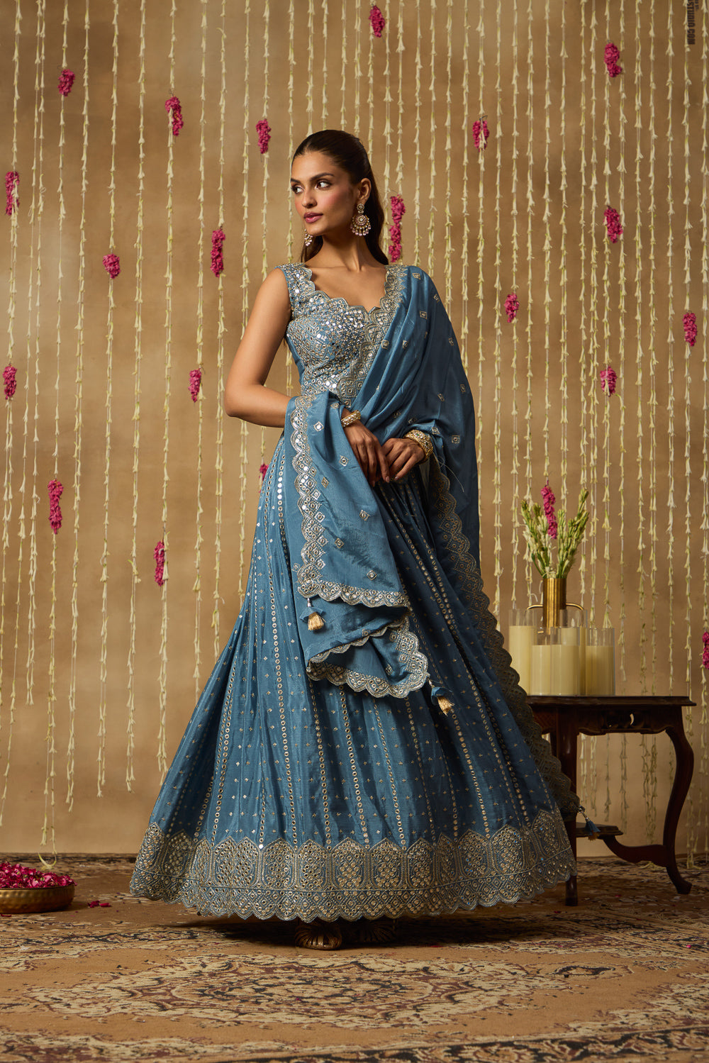 Jhoom Steel Blue Mirror Lehenga Set