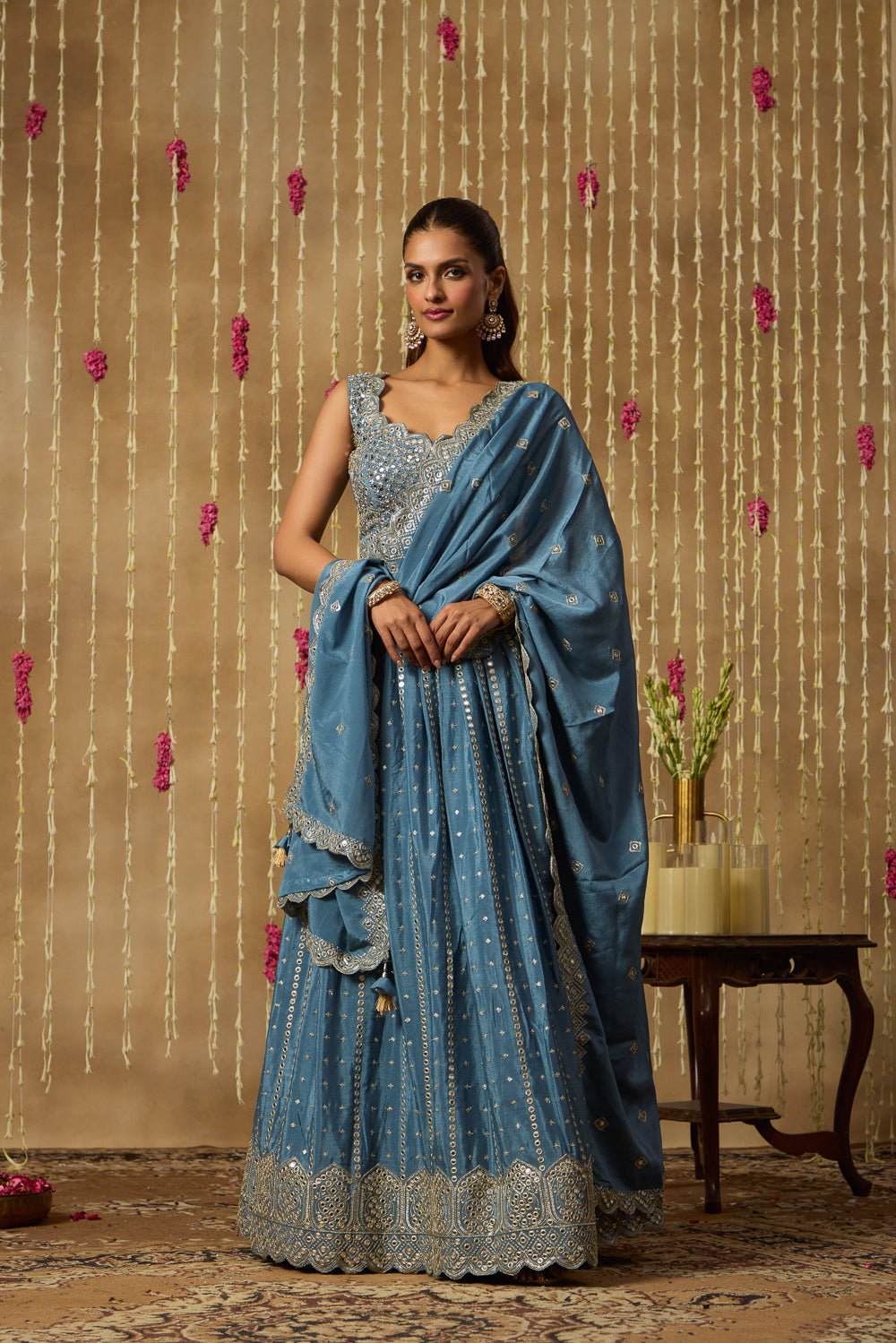 Jhoom Steel Blue Mirror Lehenga Set