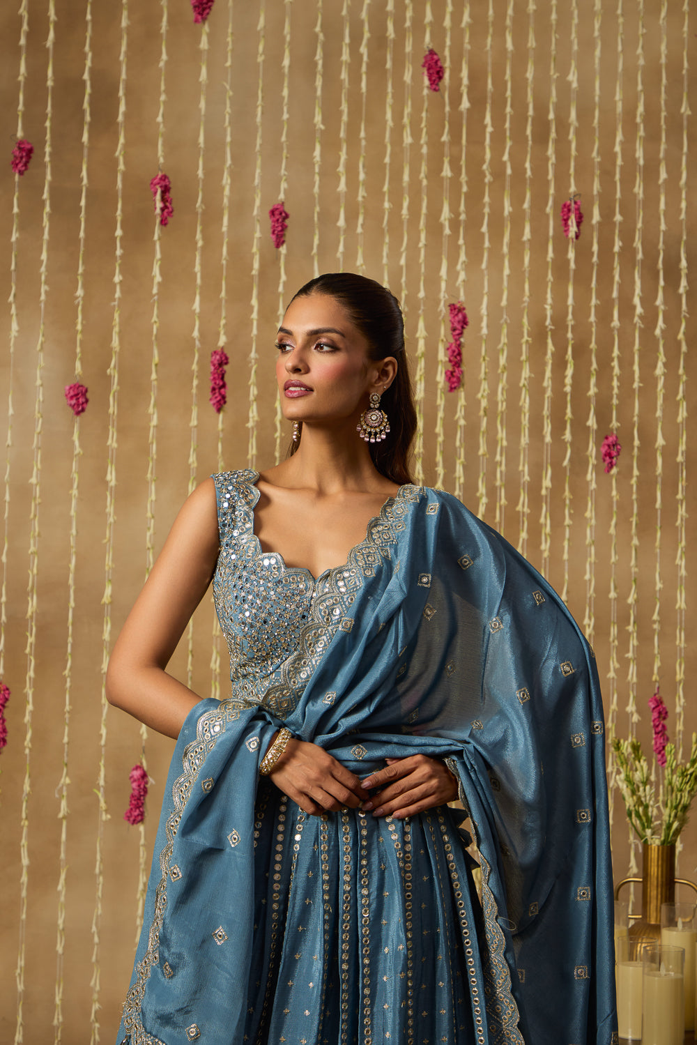 Jhoom Steel Blue Mirror Lehenga Set