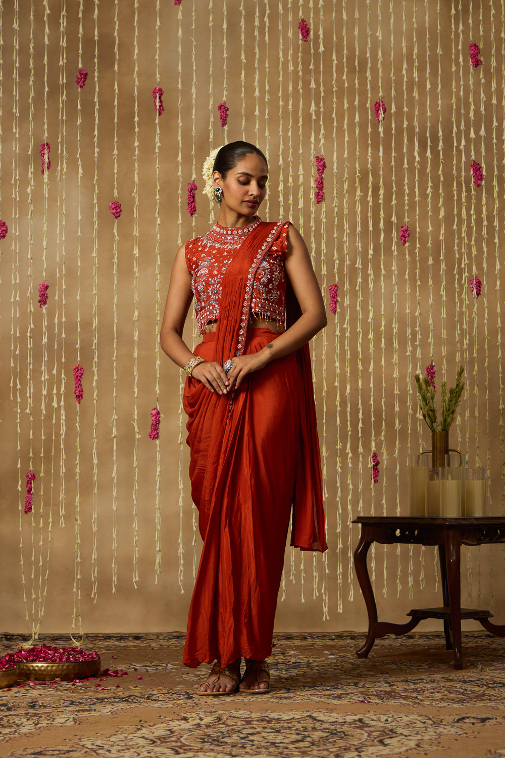 Jhoom Burnt Rust Saree Set