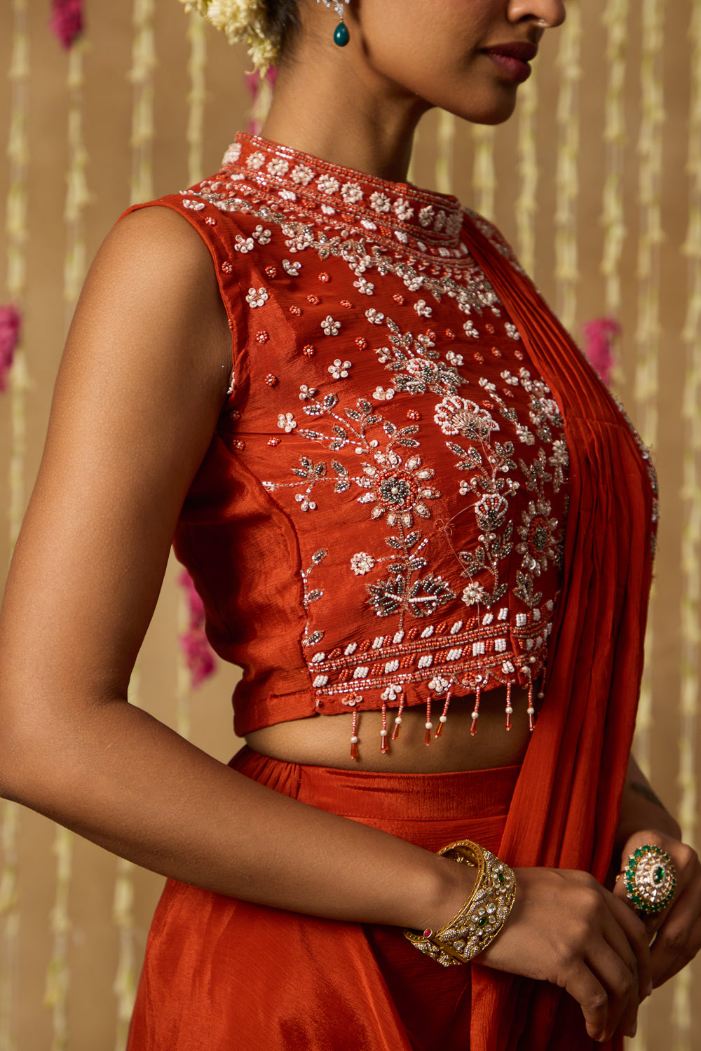 Jhoom Burnt Rust Saree Set