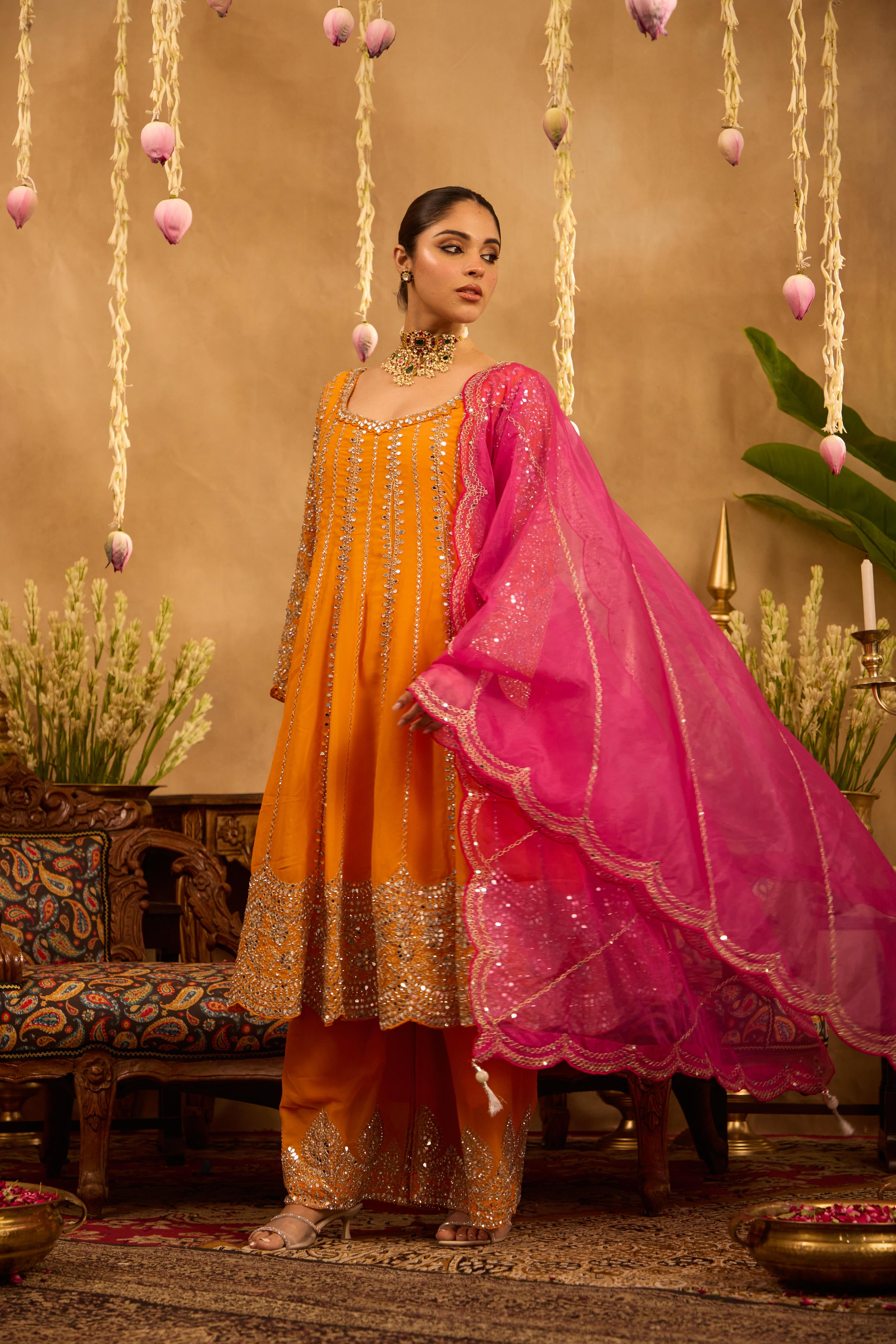 Mastaani Tangerine Mirror Anarkali Set