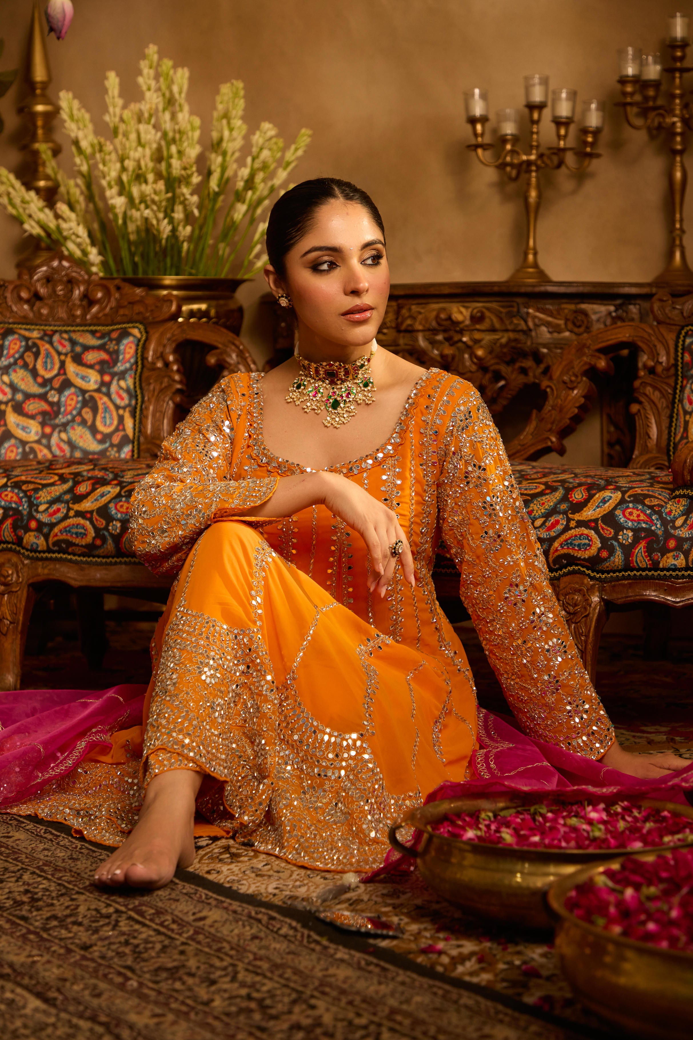 Mastaani Tangerine Mirror Anarkali Set
