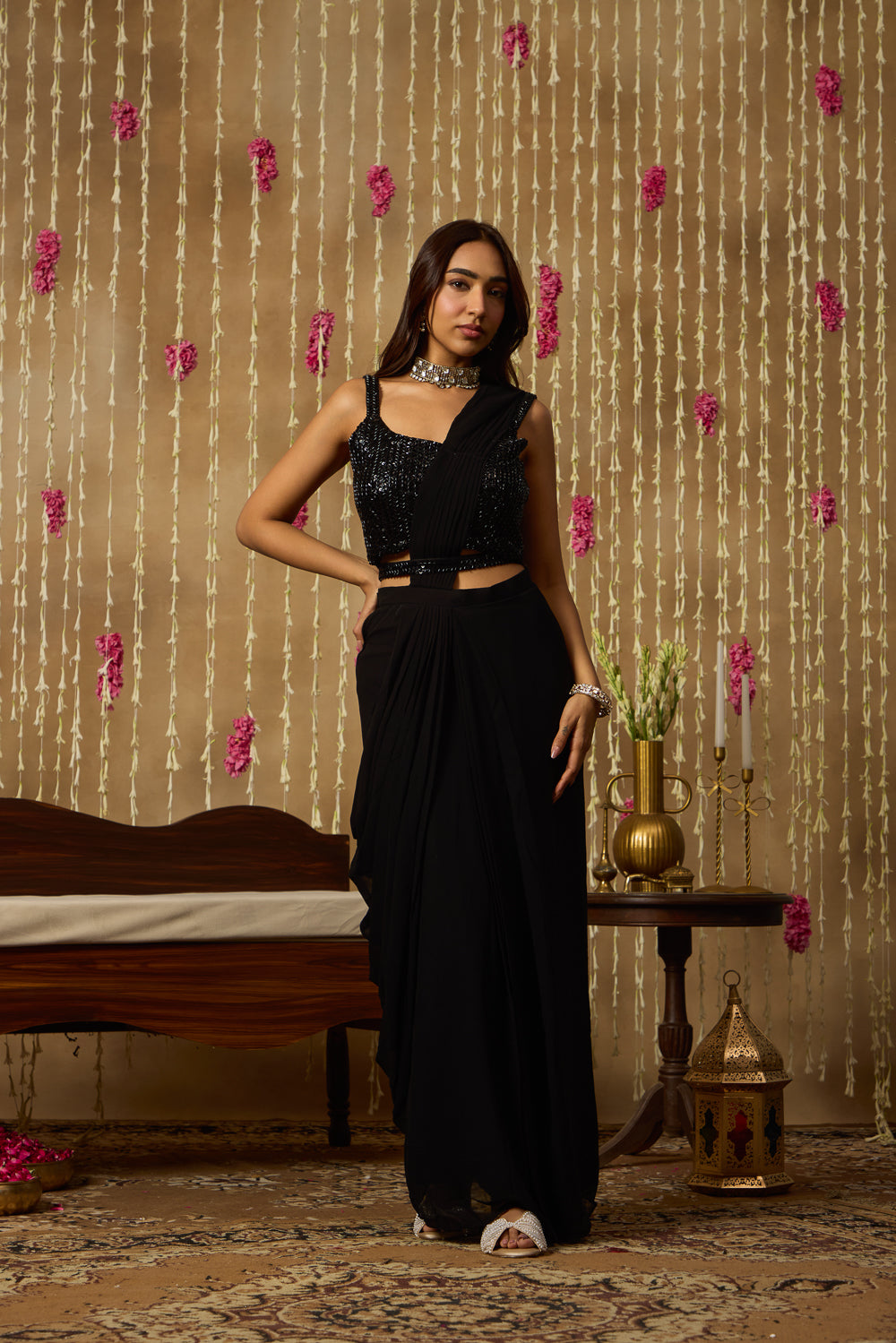 Jhoom Black Pre Draped Saree Set