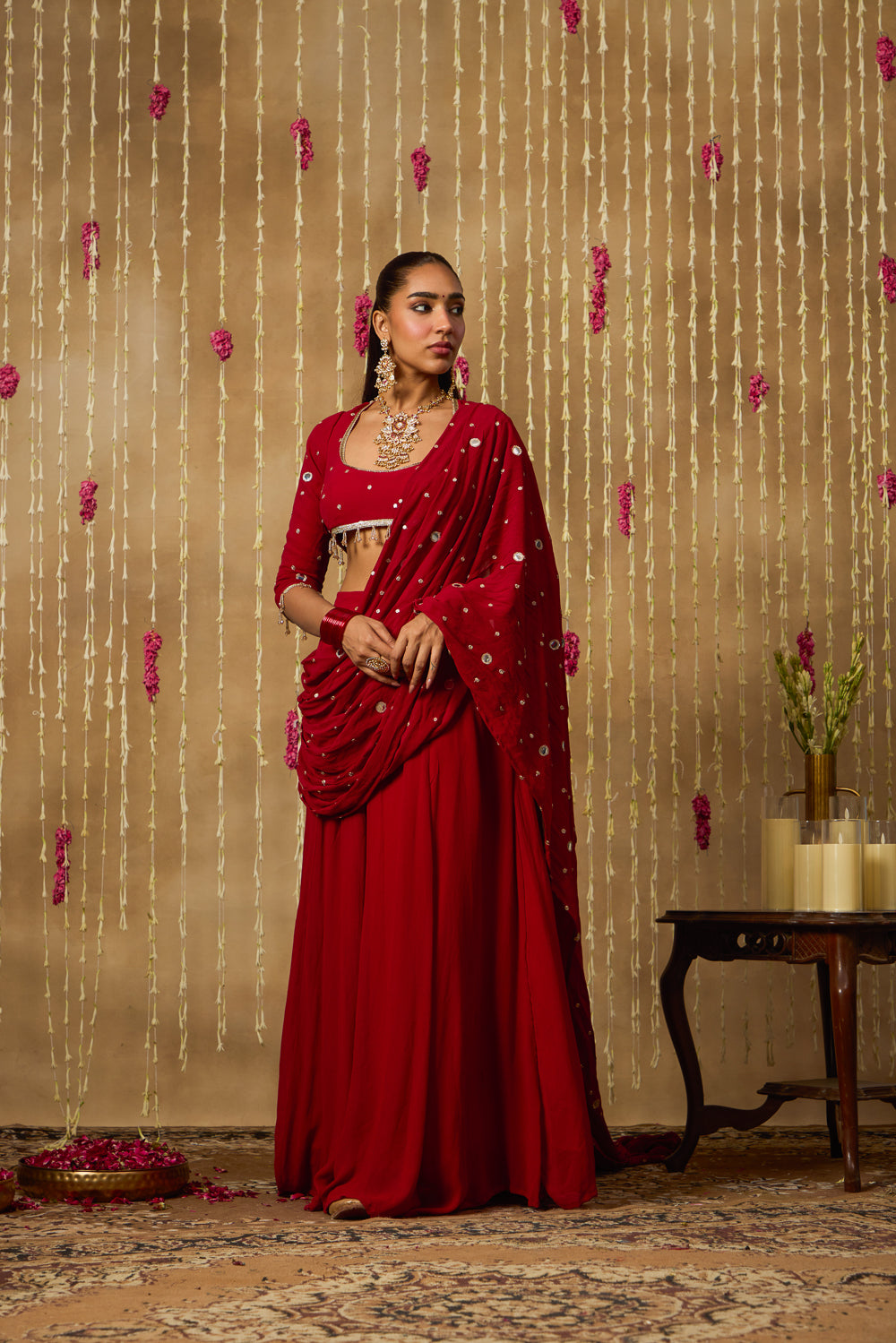 Jhoom Scarlet Mirror Drape Saree Set