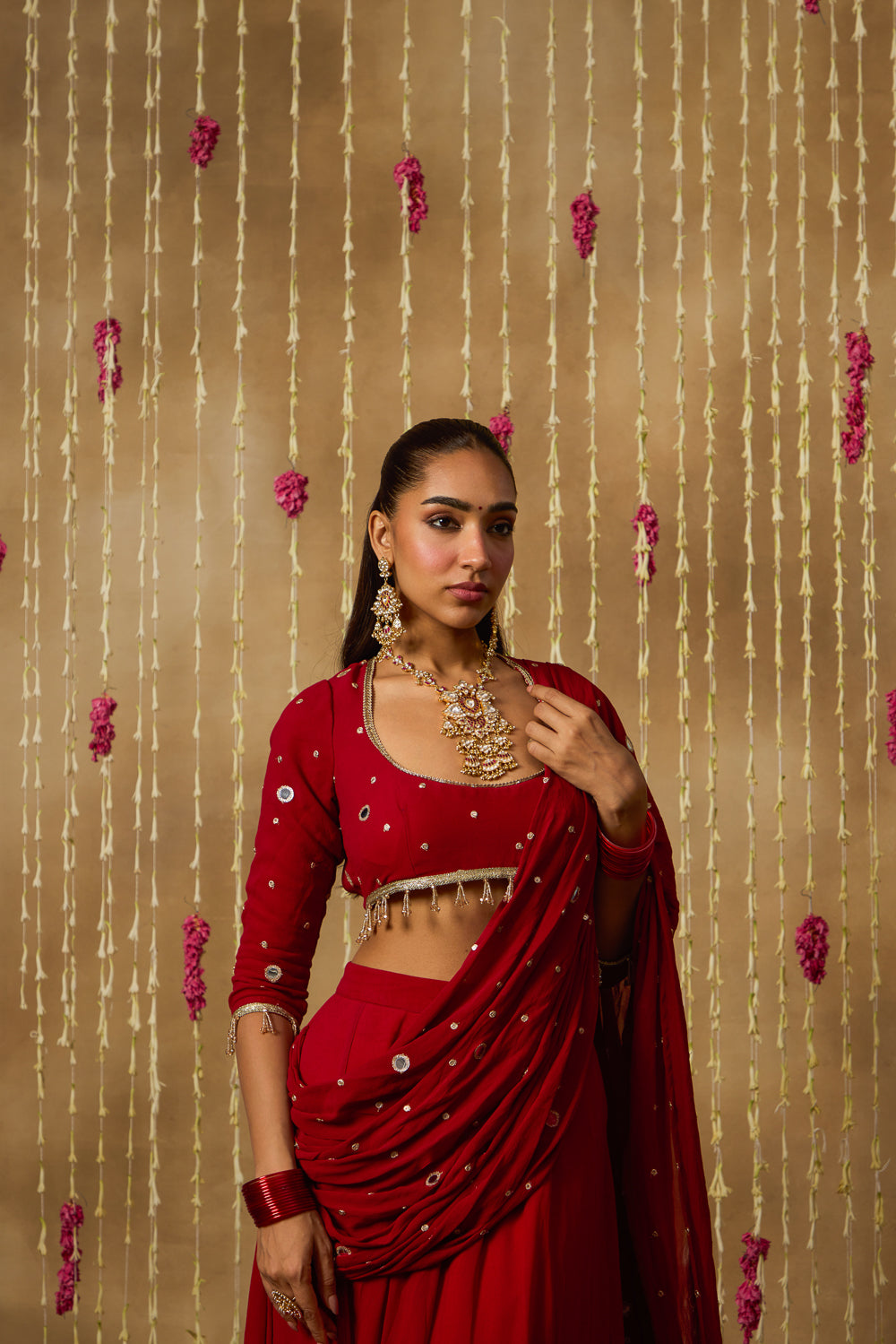 Jhoom Scarlet Mirror Drape Saree Set